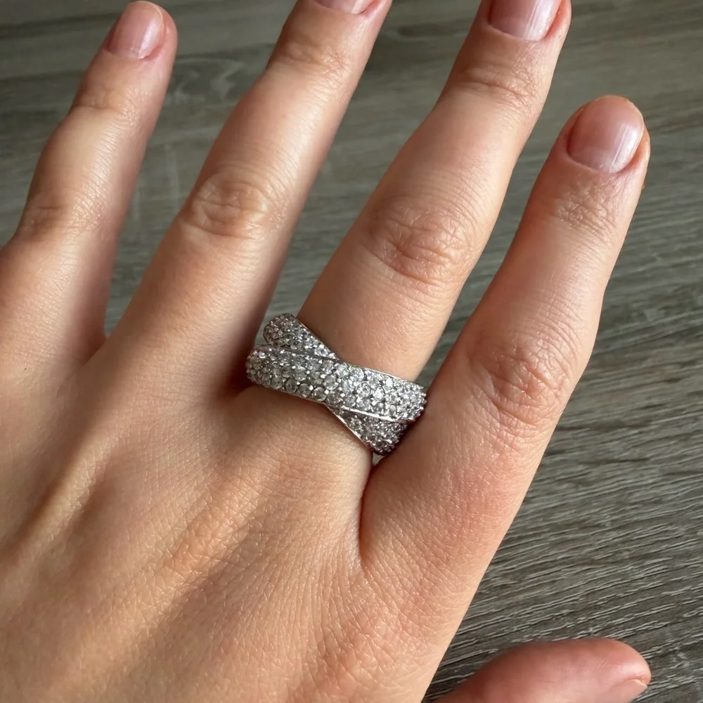Crossover Pave Knot Double Ring Sterling Silver 925 8-8.5